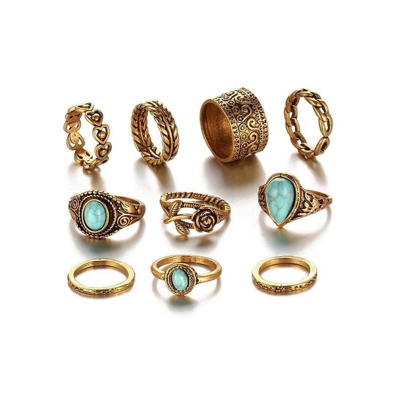 Creative 10PCS Set Simple Vintage Metal Turquoise Geometric Ring