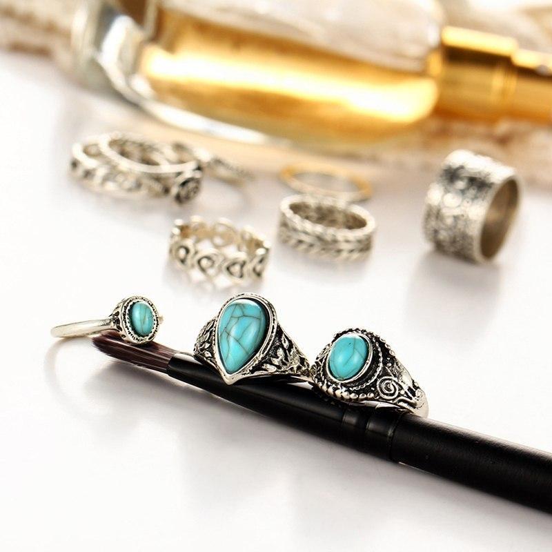 Creative 10PCS Set Simple Vintage Metal Turquoise Geometric Ring