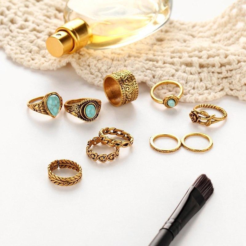 Creative 10PCS Set Simple Vintage Metal Turquoise Geometric Ring