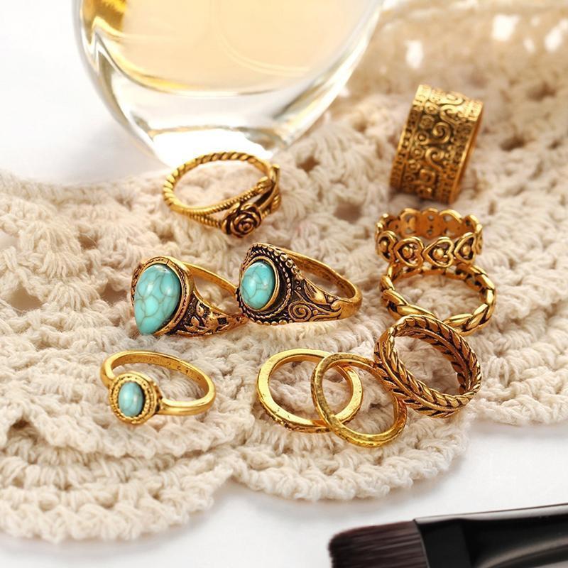 Creative 10PCS Set Simple Vintage Metal Geometric Ring