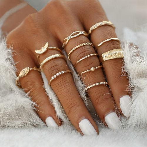 Vintage Women Girls 12pcs Retro Bohemian Gold Tone Ring Set