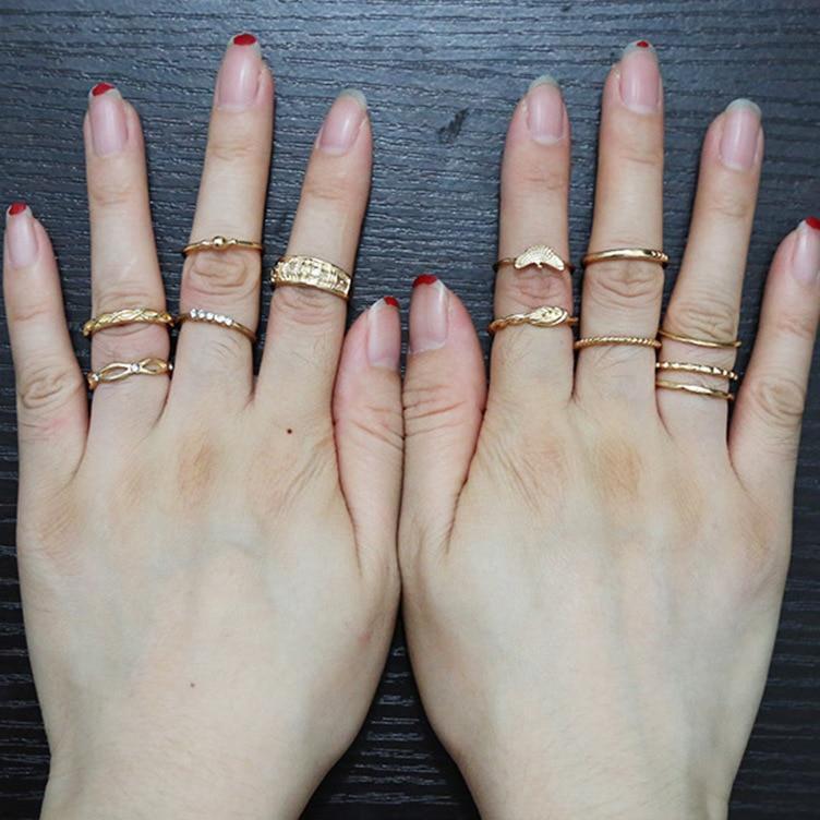 Vintage Women Girls 12pcs Retro Bohemian Gold Tone Ring Set