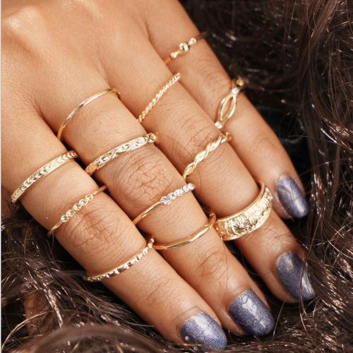 Vintage Women Girls 12pcs Retro Bohemian Gold Tone Ring Set