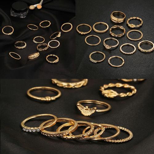 Vintage Women Girls 12pcs Retro Bohemian Gold Tone Ring Set