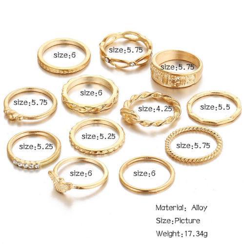 Vintage Women Girls 12pcs Retro Bohemian Gold Tone Ring Set