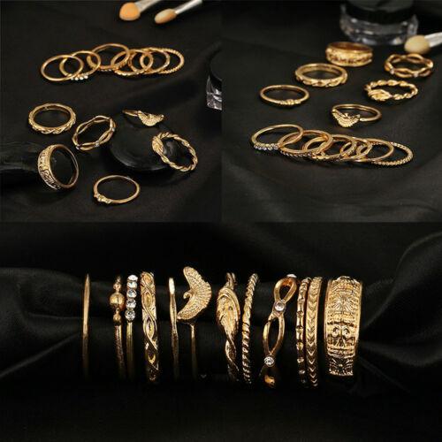 Vintage Women Girls 12pcs Retro Bohemian Gold Tone Ring Set