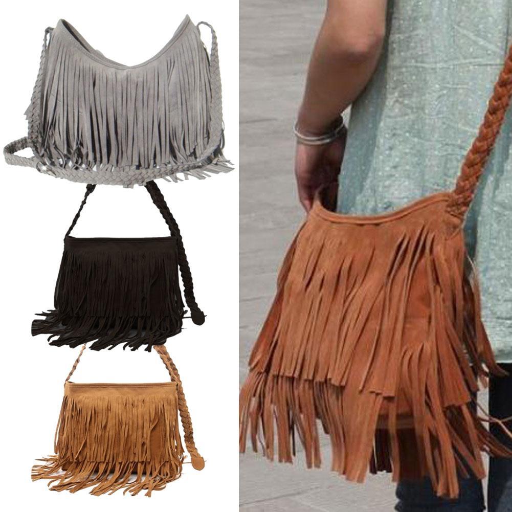 Fashion Boho Women Suede Weave Tassel Shoulder Bag