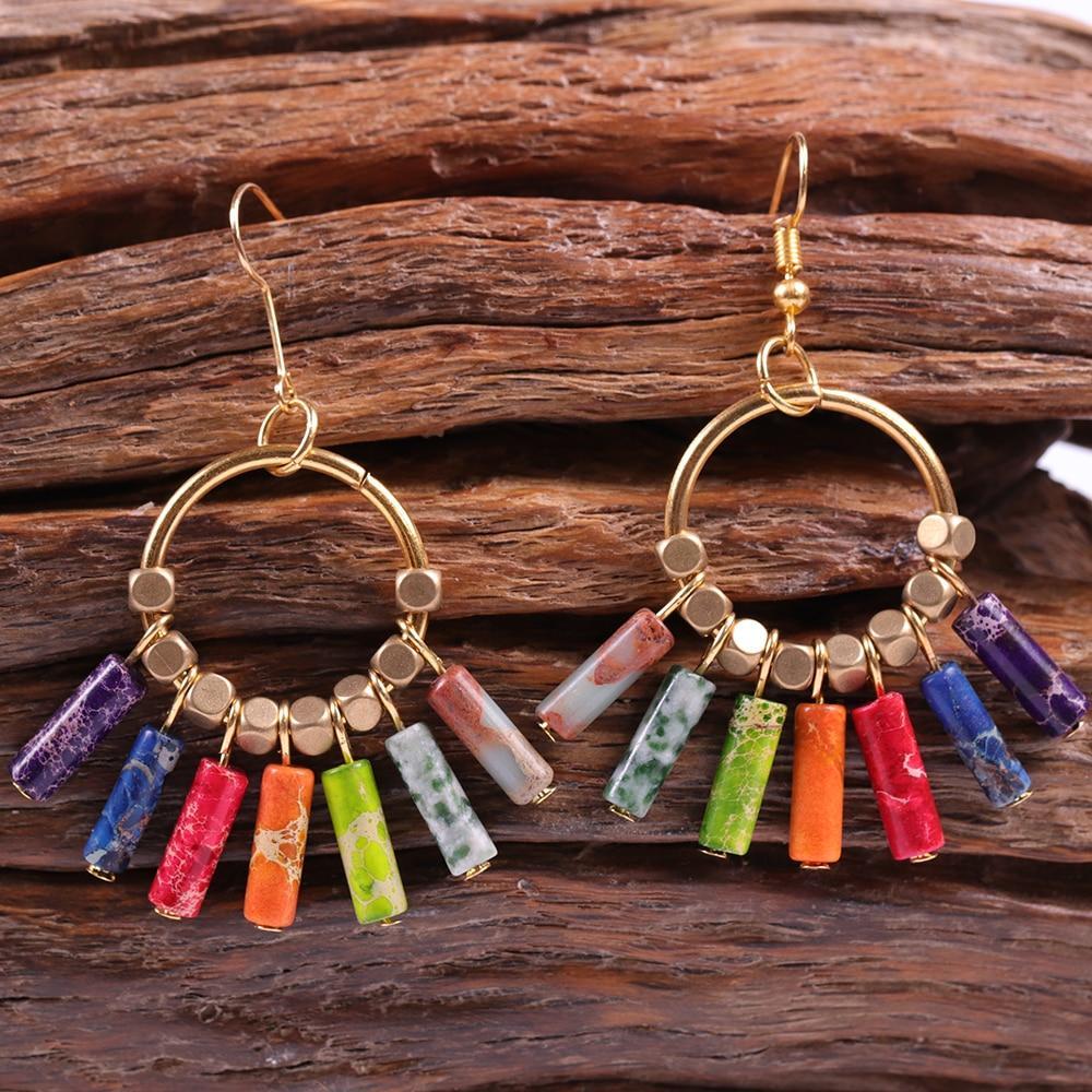 Creative 7 Chakra Colorful Natural Stones Gold Beads Dangle Earrings