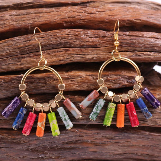 Creative 7 Chakra Colorful Natural Stones Gold Beads Dangle Earrings