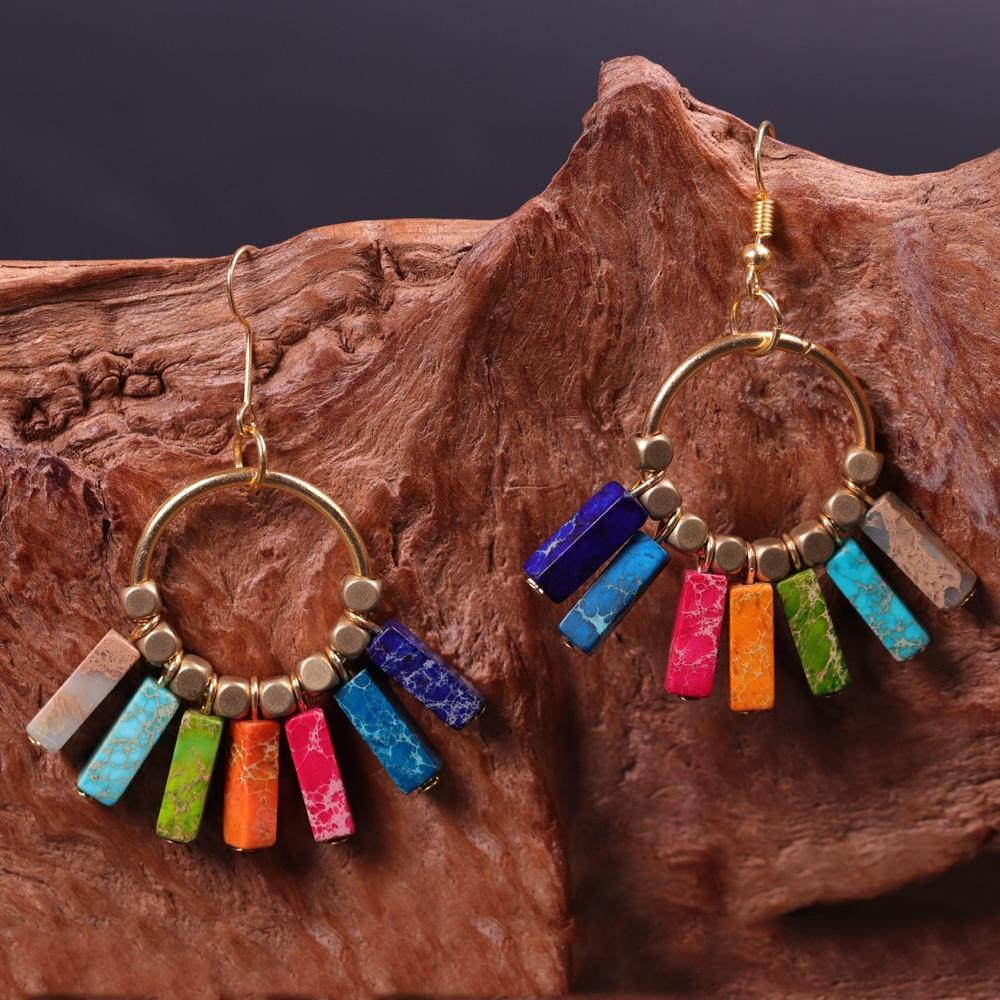 Creative 7 Chakra Colorful Natural Stones Gold Beads Dangle Earrings