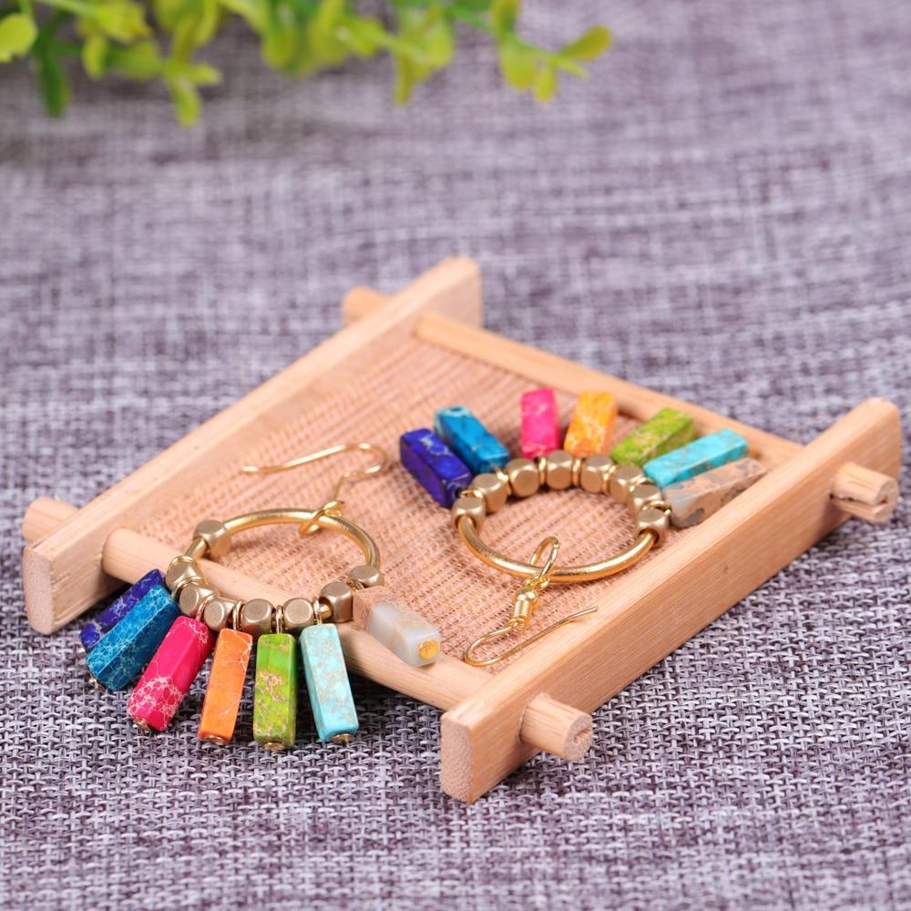 Creative 7 Chakra Colorful Natural Stones Gold Beads Dangle Earrings