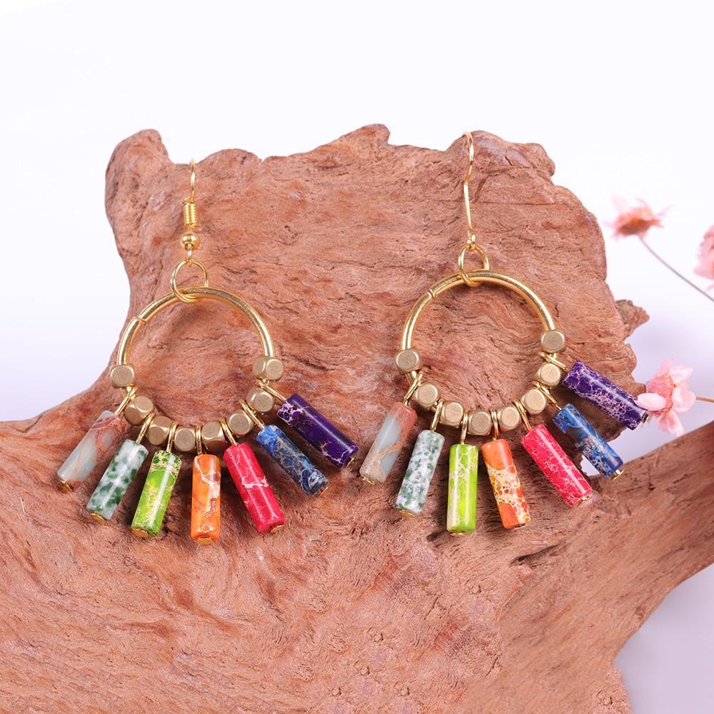 Creative 7 Chakra Colorful Natural Stones Gold Beads Dangle Earrings