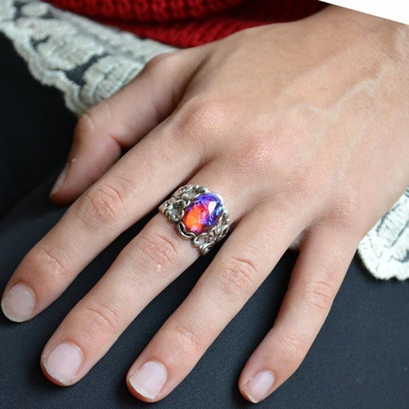 Vintage Silver Oval Purple Fire Opal Women Engagement Wedding Jewelry Rings