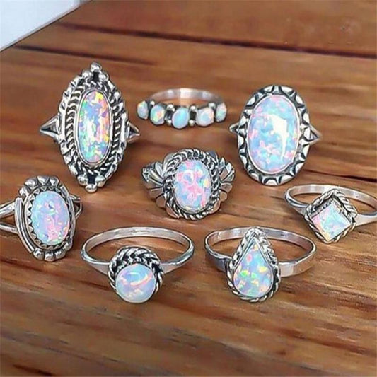 8PCS Oval Natural Stone Women Vintage Retro Color Rings