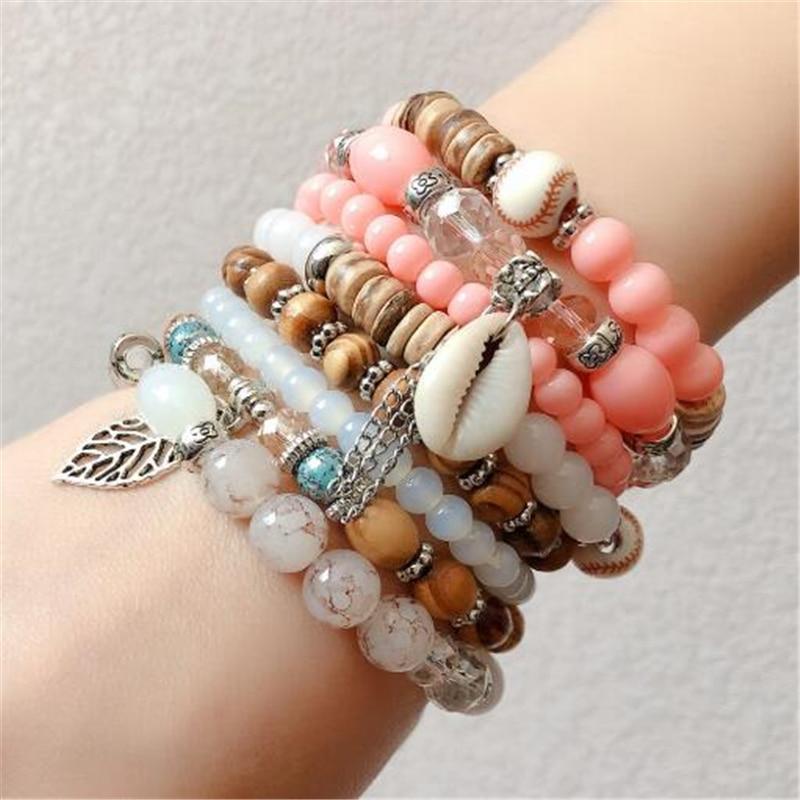 Women Fashion Elastic Adjustable 4pcs set Bohemian Beaded Shell Charm Bracelets Bangles