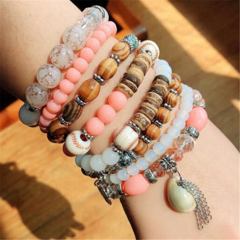 Women Fashion Elastic Adjustable 4pcs set Bohemian Beaded Shell Charm Bracelets Bangles