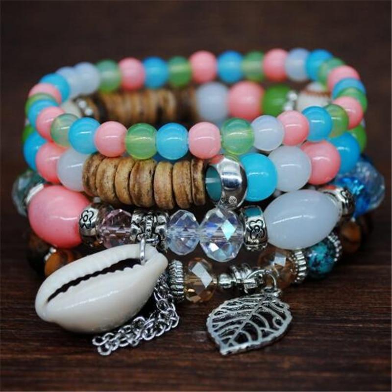 Women Fashion Elastic Adjustable 4pcs set Bohemian Beaded Shell Charm Bracelets Bangles