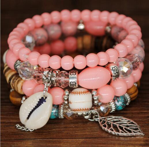 Women Fashion Elastic Adjustable 4pcs set Bohemian Beaded Shell Charm Bracelets Bangles