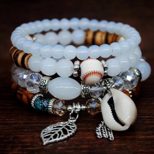 Women Fashion Elastic Adjustable 4pcs set Bohemian Beaded Shell Charm Bracelets Bangles