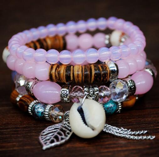 Women Fashion Elastic Adjustable 4pcs set Bohemian Beaded Shell Charm Bracelets Bangles