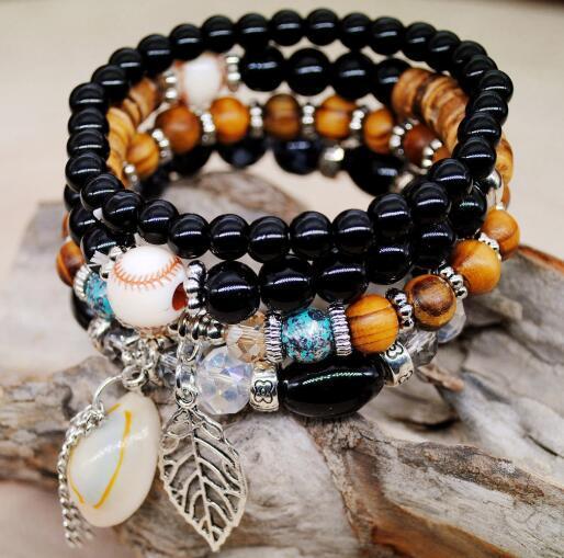 Women Fashion Elastic Adjustable 4pcs set Bohemian Beaded Shell Charm Bracelets Bangles