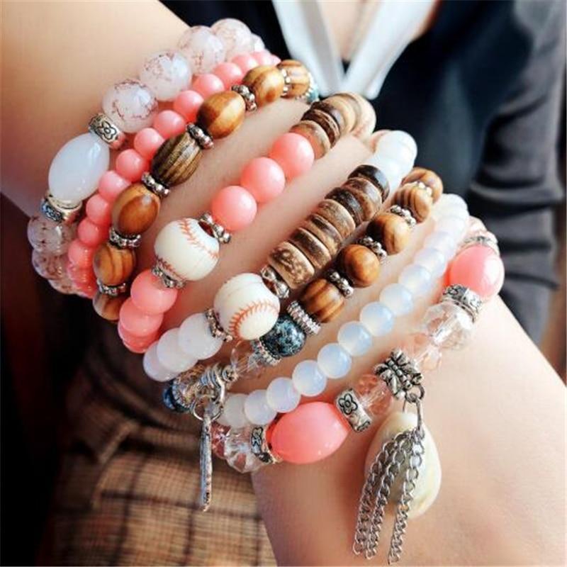 Women Fashion Elastic Adjustable 4pcs set Bohemian Beaded Shell Charm Bracelets Bangles