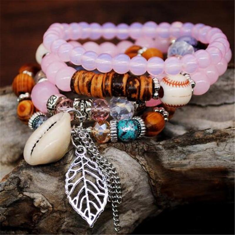 Women Fashion Elastic Adjustable 4pcs set Bohemian Beaded Shell Charm Bracelets Bangles