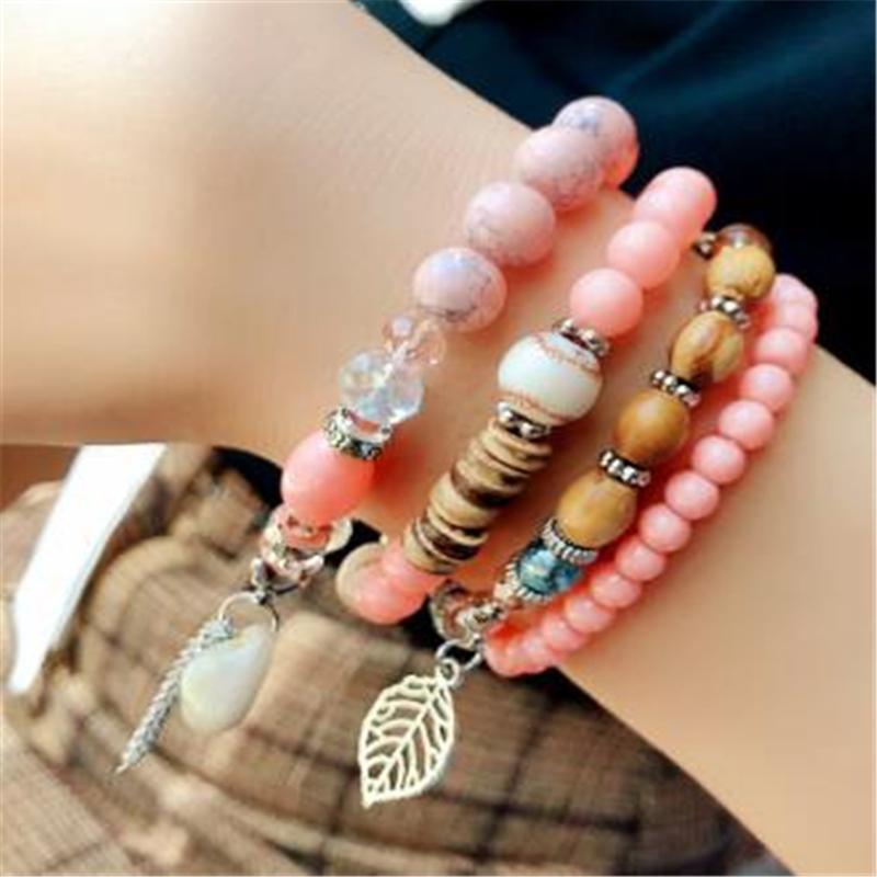 Women Fashion Elastic Adjustable 4pcs set Bohemian Beaded Shell Charm Bracelets Bangles