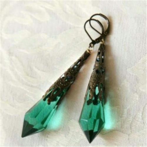 Vintage Green Dangle Geometric Natural Stone Crystal Drop Dangle Hook Stud Earrings