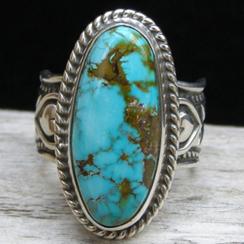 Vintage Turquoises Big Women Boho Ethnic Retro Silver Long Ring