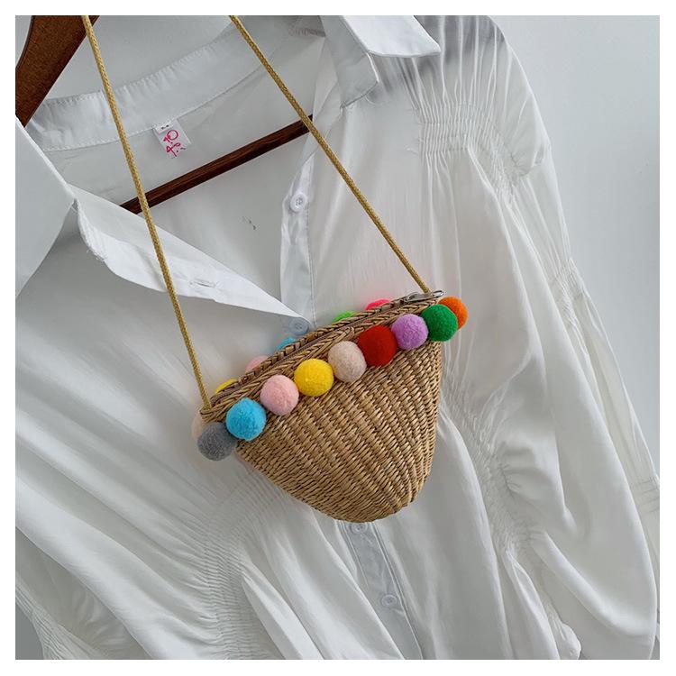 Bohemia Pompom Round Straw Women Summer Rattan Handmade Woven Beach Cross Body Bag