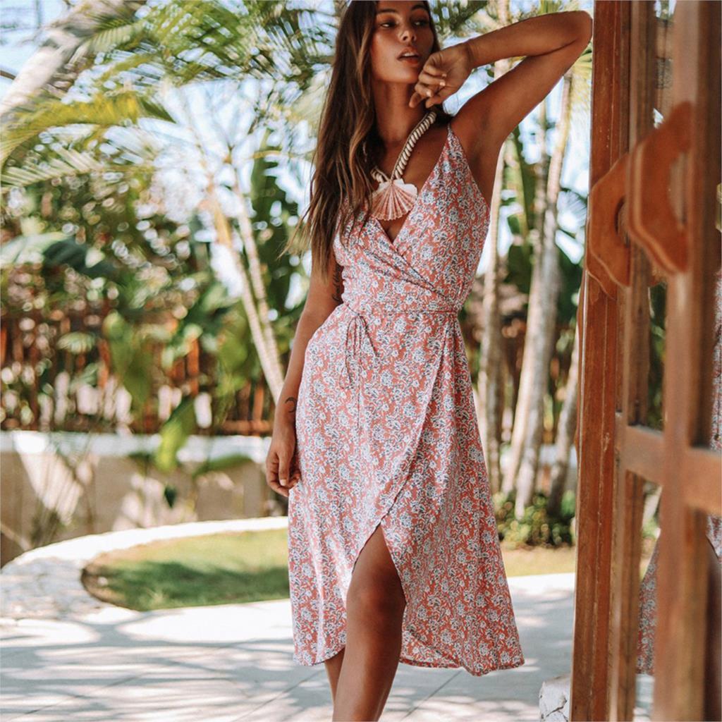 Vintage Summer Boho Print V Neck Backless Strap Midi Dress