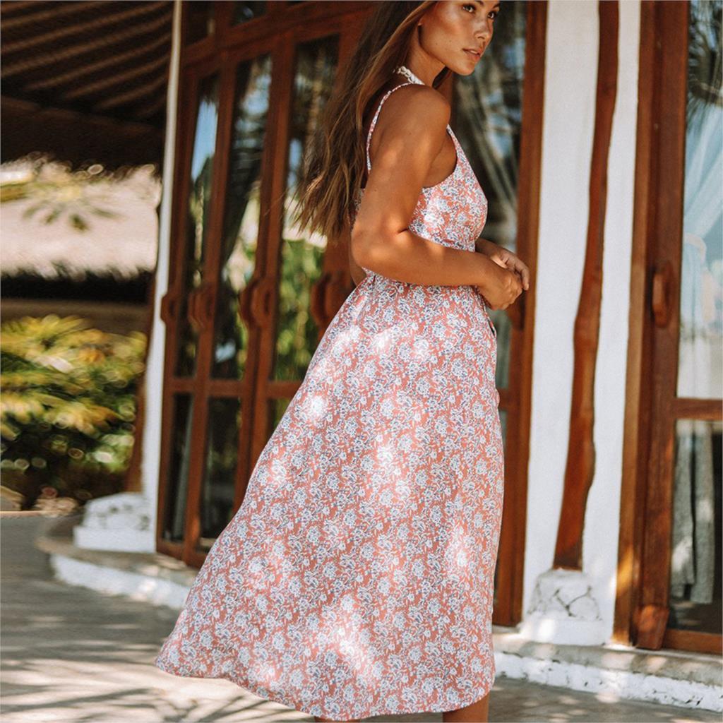 Vintage Summer Boho Print V Neck Backless Strap Midi Dress