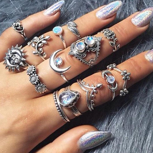 14PCS Set Openwork Carved Rhinestone Water Drops Flowers Sunflower Moon Sun Rings