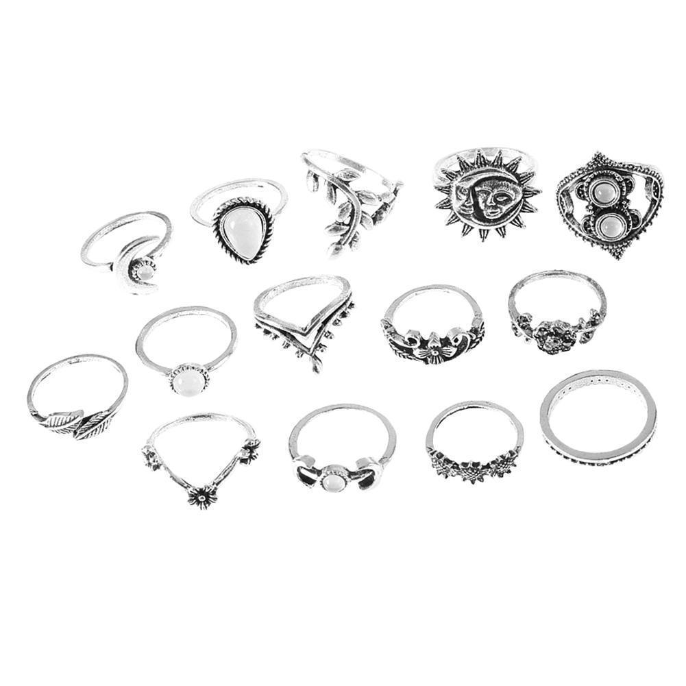 14PCS Set Openwork Carved Rhinestone Water Drops Flowers Sunflower Moon Sun Rings