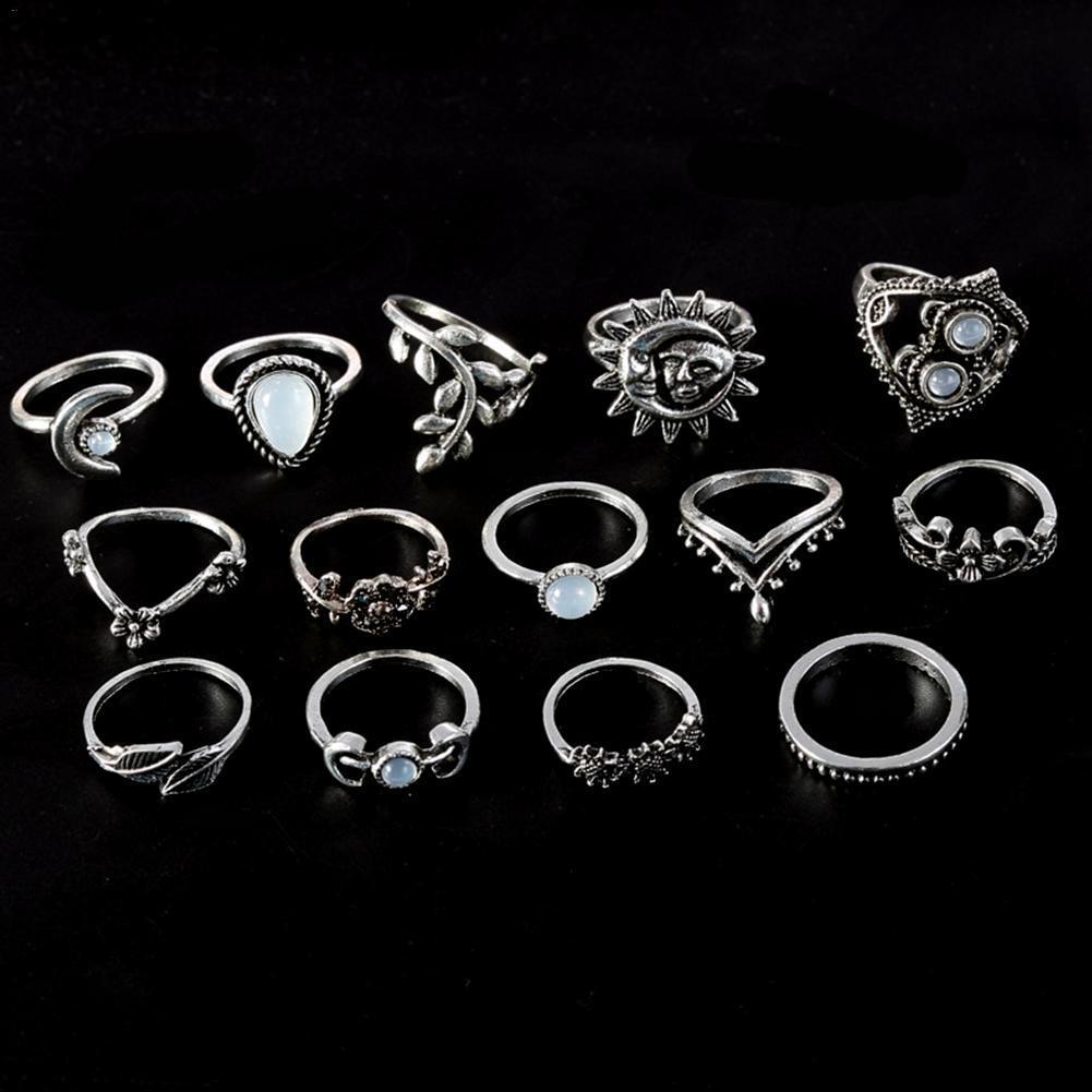 14PCS Set Openwork Carved Rhinestone Water Drops Flowers Sunflower Moon Sun Rings