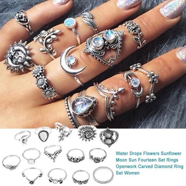 14PCS Set Openwork Carved Rhinestone Water Drops Flowers Sunflower Moon Sun Rings