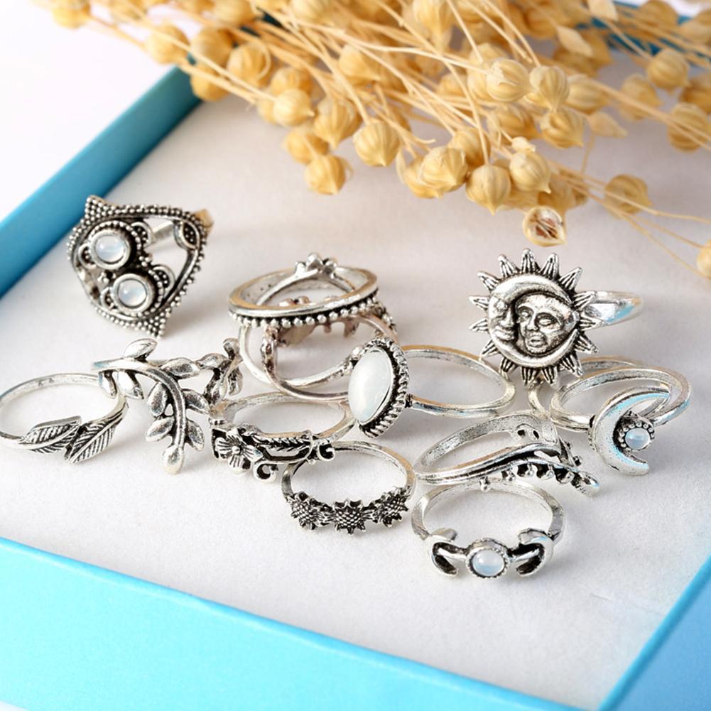 14PCS Set Openwork Carved Rhinestone Water Drops Flowers Sunflower Moon Sun Rings