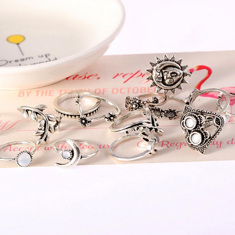 14PCS Set Openwork Carved Rhinestone Water Drops Flowers Sunflower Moon Sun Rings