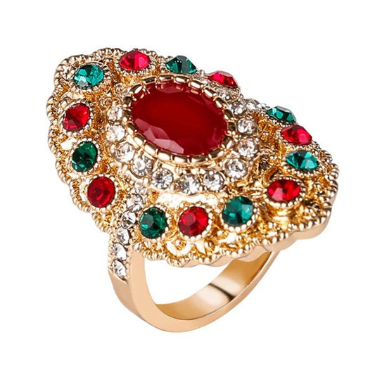 Luxury Jewelry Oval Red Resin Ring Ancient Gold Mosaic Crystal Ring