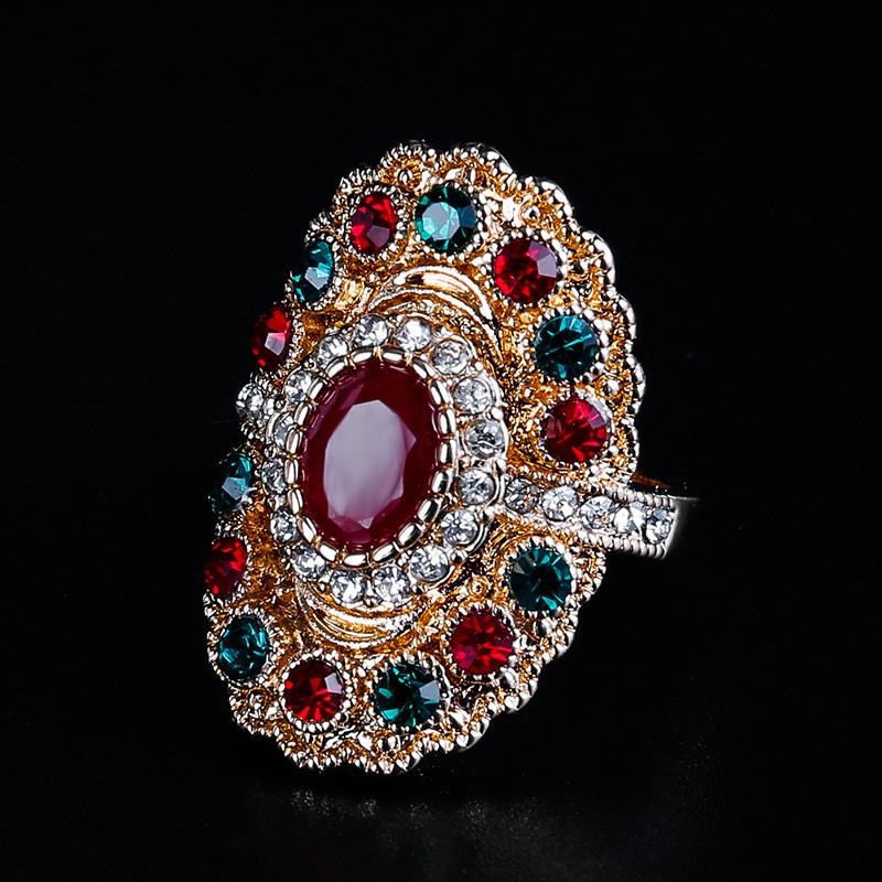 Luxury Jewelry Oval Red Resin Ring Ancient Gold Mosaic Crystal Ring