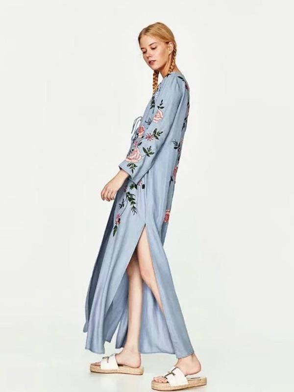 National Style Inwrought Floral-Print Long Short Sleeve V Neck Lace-Up Maxi Dress