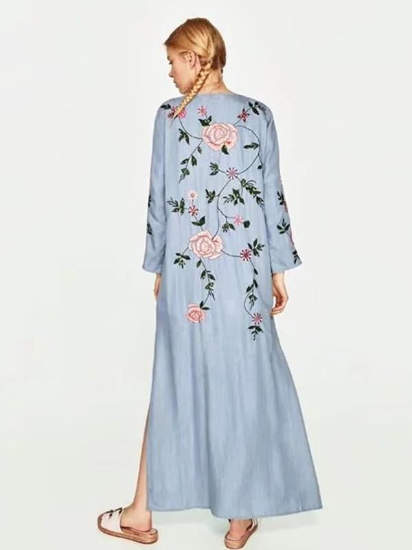 National Style Inwrought Floral-Print Long Short Sleeve V Neck Lace-Up Maxi Dress