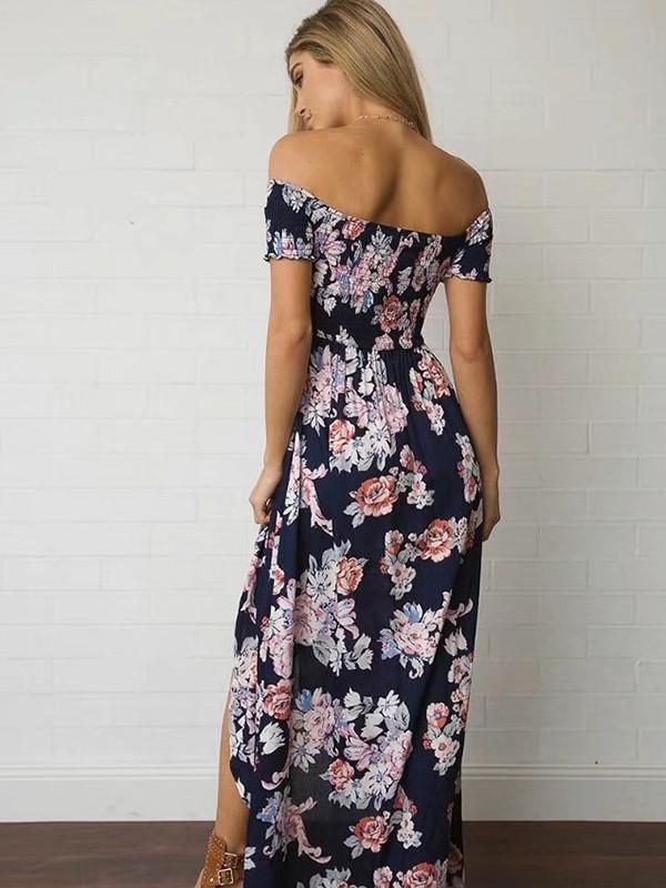 High Waist Floral-Print Off-Shoulder Side Split Bohemia Beach Dress