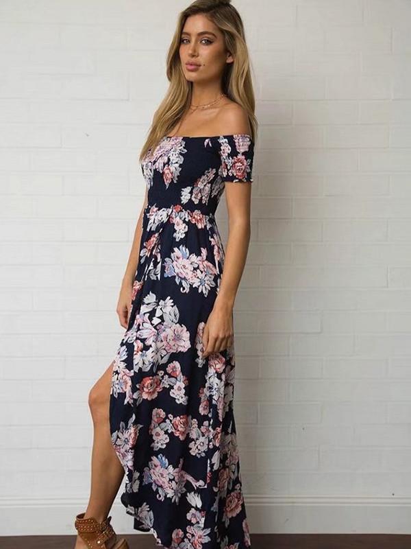 High Waist Floral-Print Off-Shoulder Side Split Bohemia Beach Dress