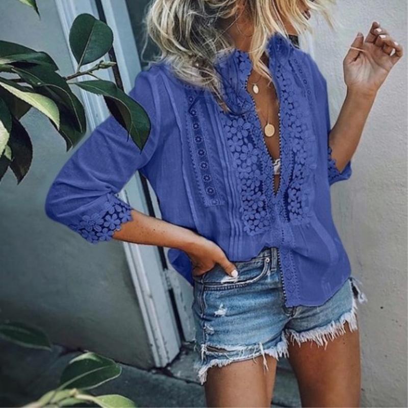 Casual Solid Color Cotton Lace Patchwork Blouses Tops