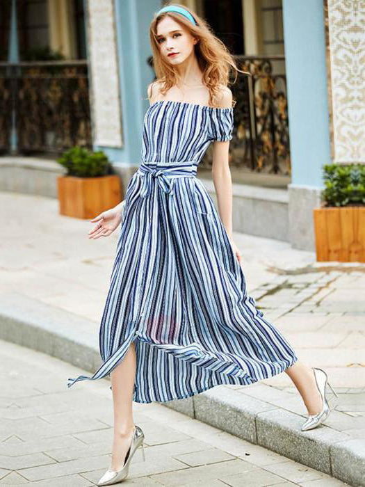 Beach Off the Shoulder Stripes A-Line Pocket Lace Up Maxi Dress