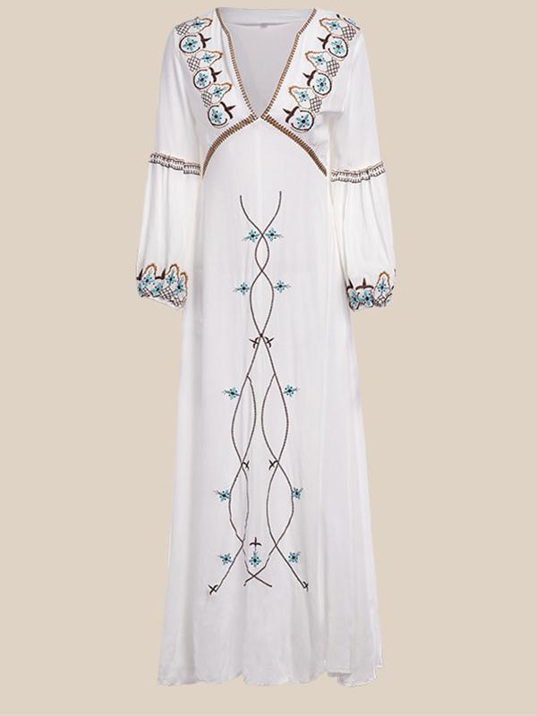 Boho Dress Floral Embroidery White V-Neck Lantern Sleeve Maxi Dress