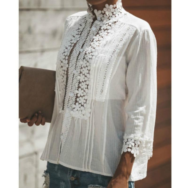 Casual Solid Color Cotton Lace Patchwork Blouses Tops