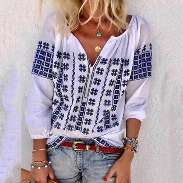 Bohemian V Neck Casual Plus Size Blouse Tops